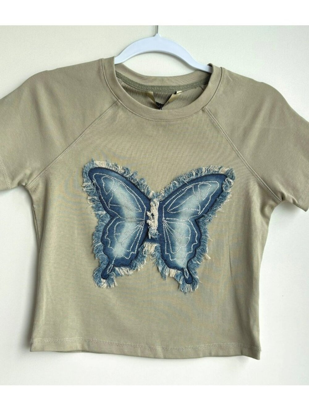 New Butterfly T-Shirt Womens Medium Green Rhinestone Denim Patchwork Crop Top